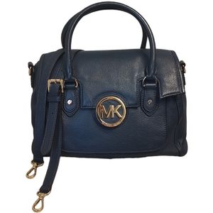 MICHAEL KORS Margo Large Shoulder Satchel Tote Bag Pebbled Leather Navy Blue